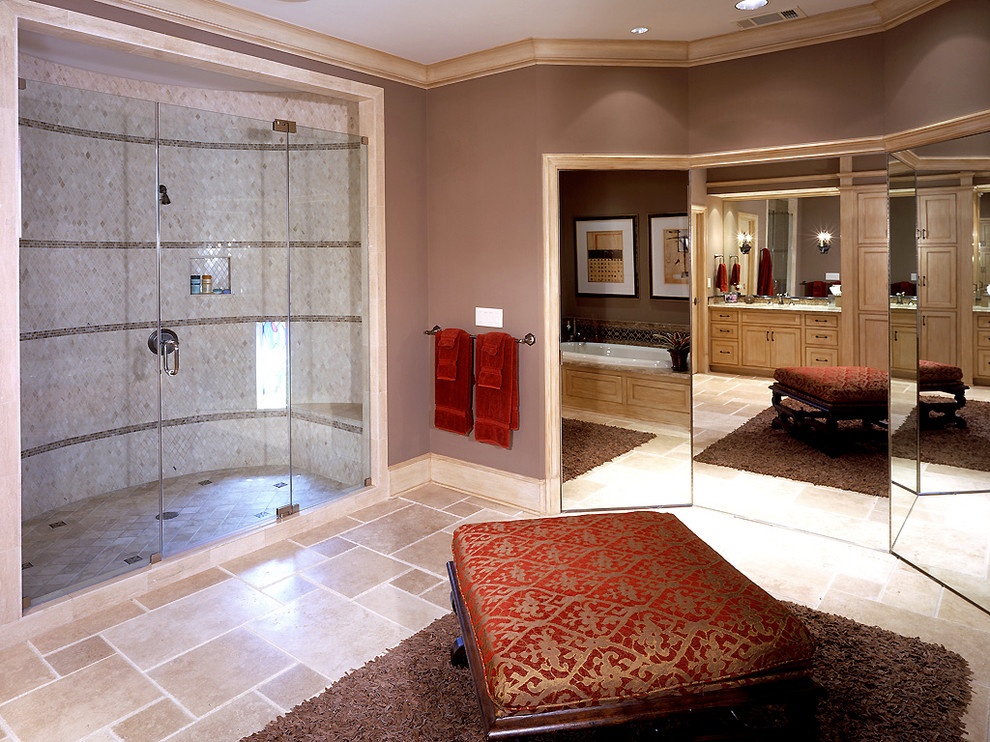 Photo of a traditional bathroom in Dallas with an alcove shower, beige tile, mosaic tile and white floor.