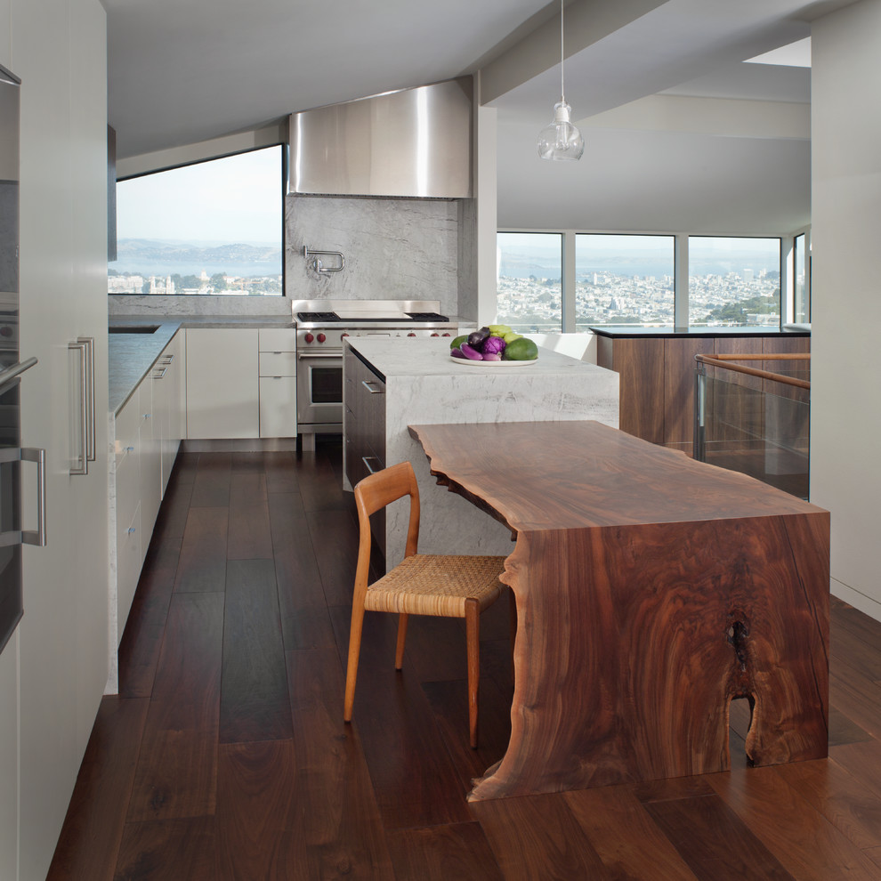 Inspiration for a contemporary l-shaped kitchen in San Francisco with flat-panel cabinets, white cabinets, white splashback, stainless steel appliances, dark hardwood floors and with island.
