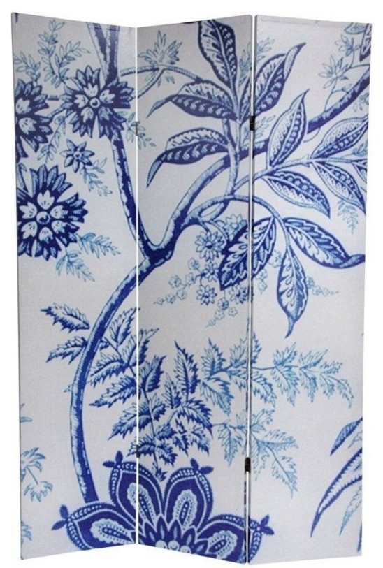 6' Tall Blue Toile Double Sided Room Divider Contemporary Screens
