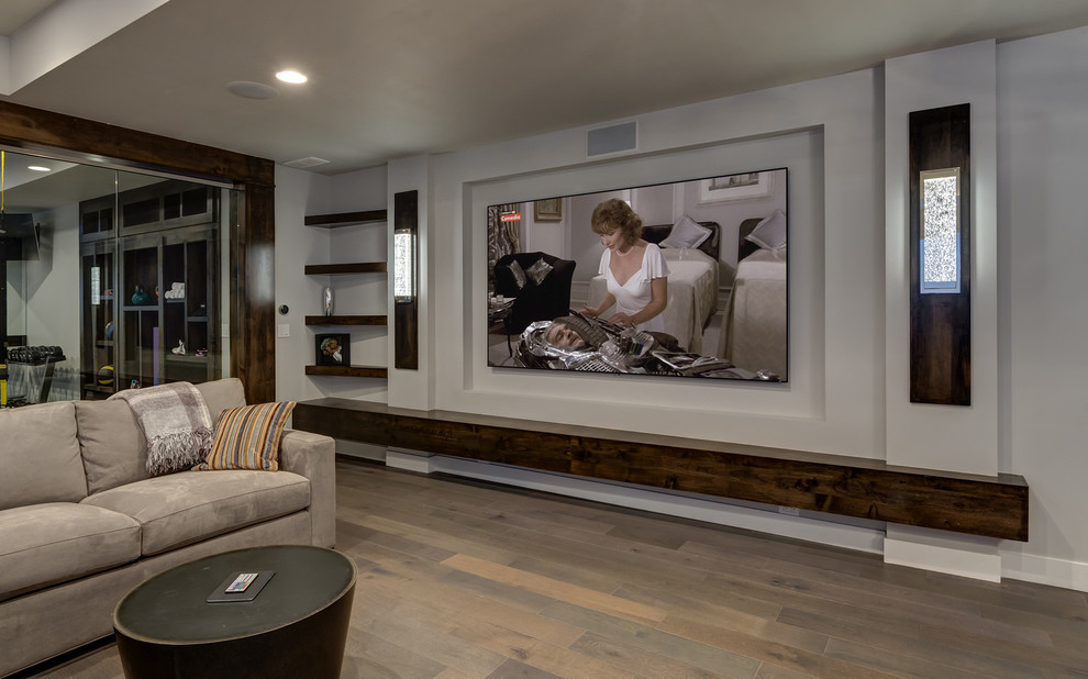 Photo of a large transitional look-out basement in Denver with grey walls, medium hardwood floors, no fireplace and beige floor.