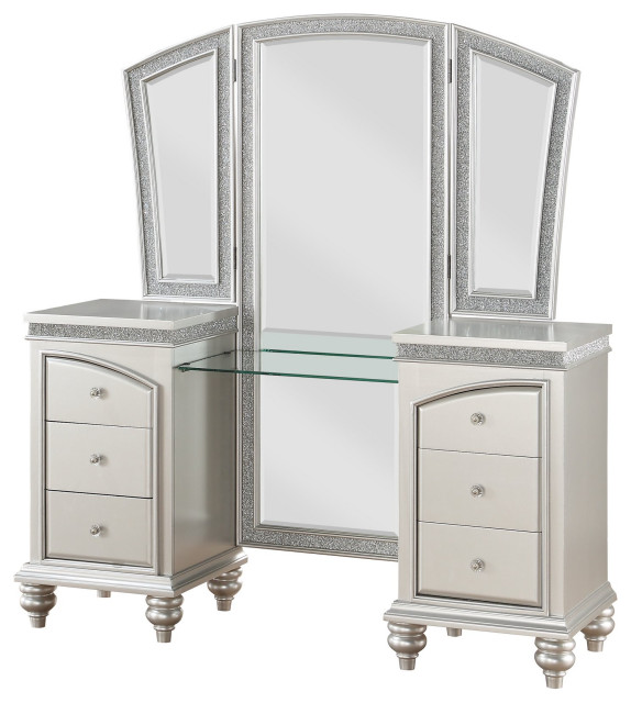 Contemporary Vanity Table, 6 Storage Drawers With Raised Molding Trim