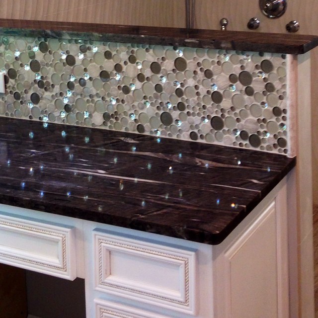 Mid-sized transitional kitchen photo with beaded inset cabinets, white cabinets, granite countertops, green backsplash, mosaic tile backsplash and no island