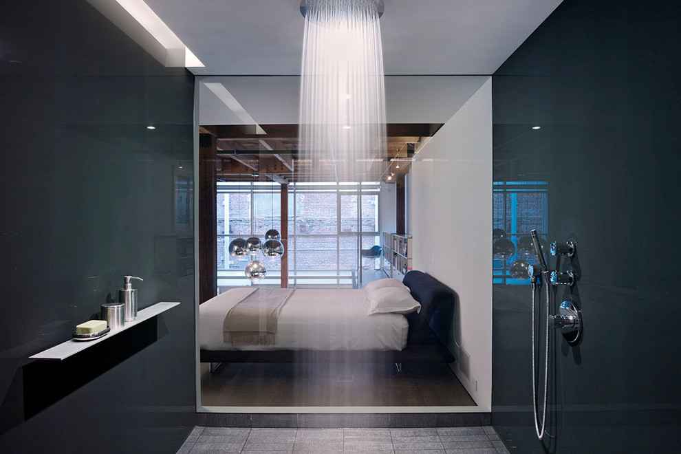 Design ideas for a mid-sized contemporary master bathroom in San Francisco with an undermount sink, flat-panel cabinets, grey cabinets, glass benchtops, an open shower, a wall-mount toilet, black tile, porcelain tile, white walls and porcelain floors.