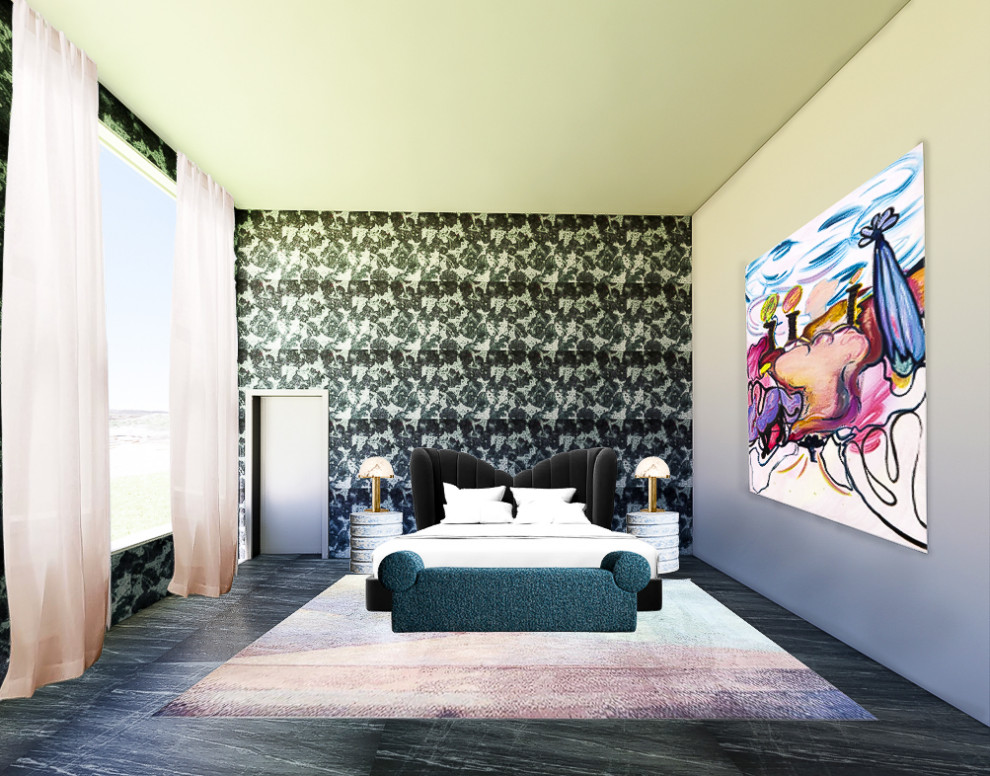 Geräumiges Modernes Hauptschlafzimmer mit bunten Wänden, Tapetenwänden, Travertin und grauem Boden in Austin
