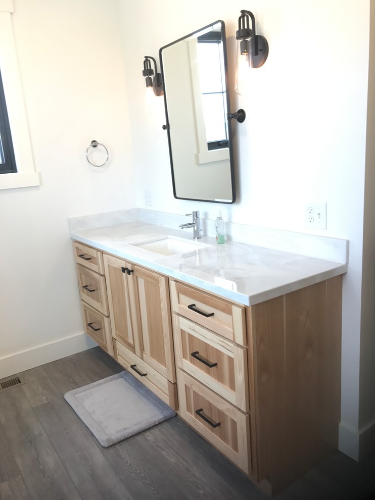 Design ideas for a large country master bathroom in Other with shaker cabinets, light wood cabinets, an open shower, white tile, ceramic tile, white walls, an undermount sink, quartzite benchtops, brown floor and an open shower.