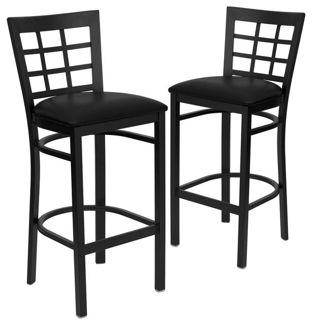 Hercules Series Black Window Back Metal Barstools, Set of 2