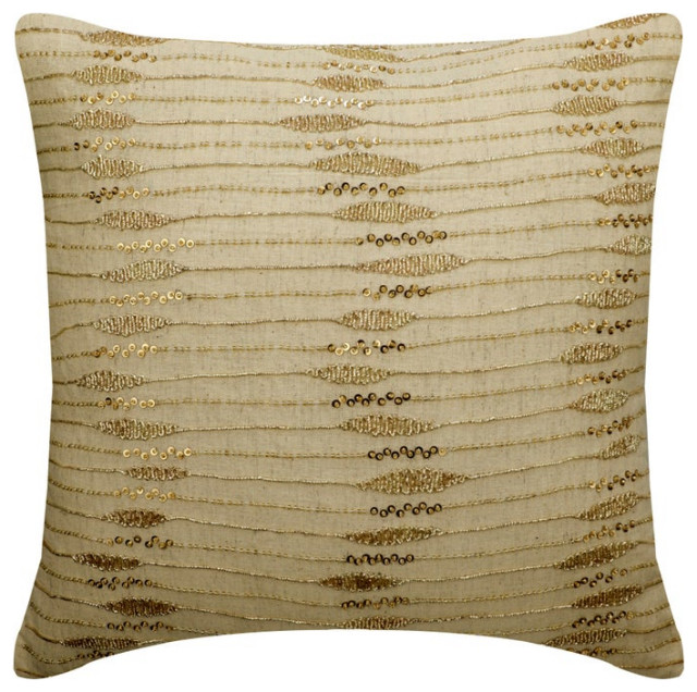 Handmade 14"x14" Zardozi Beige Gold Linen Cushion Cover, Gold Twinkling