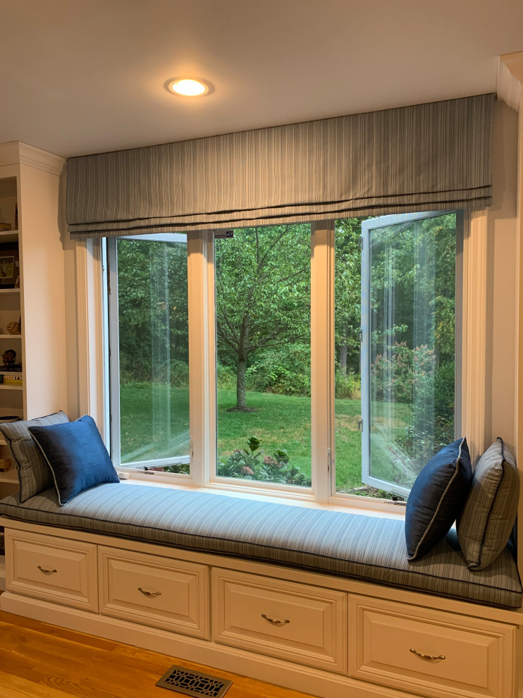 Roman Shade Topper, and Custom Seat Cushion with Custom Throw Pillows