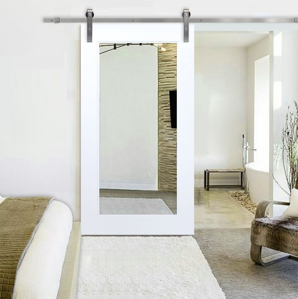 White Primed Mirror Sliding Barn Door with Hardware Kit., Stainless Steel Hardware, 42"x81"  Inches, 1x Mirror One-Side