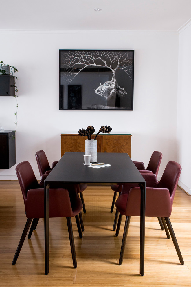 This is an example of a mid-sized contemporary dining room in Perth with white walls, light hardwood floors and no fireplace.