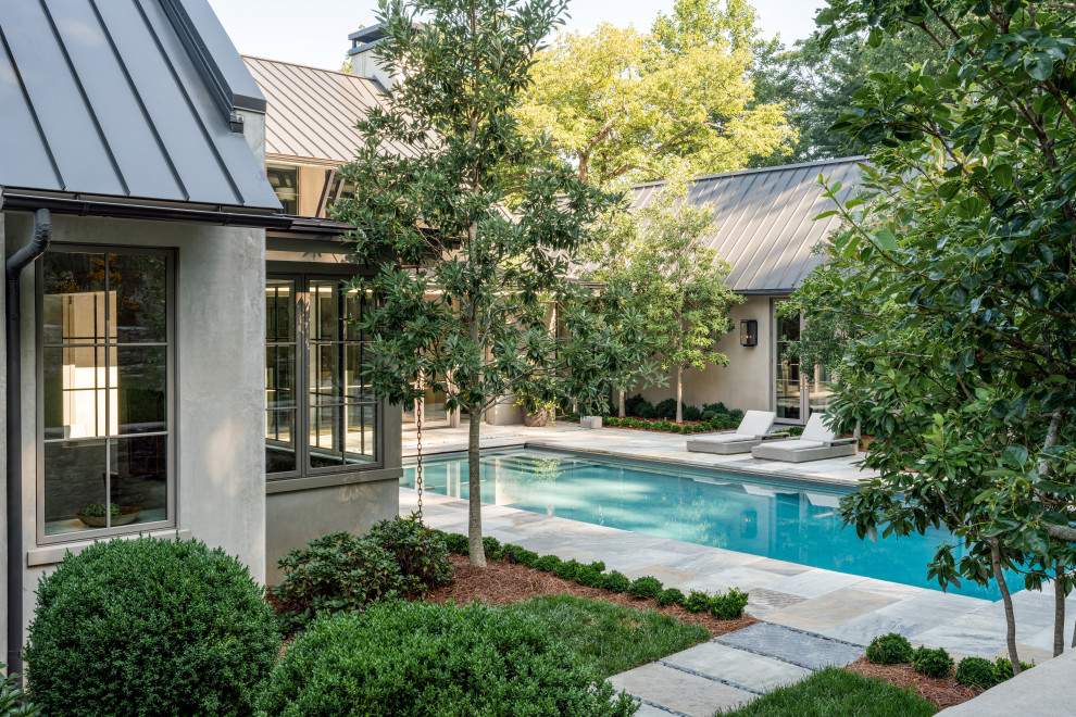Modelo de piscina clásica renovada grande rectangular en patio trasero con paisajismo de piscina y adoquines de piedra natural