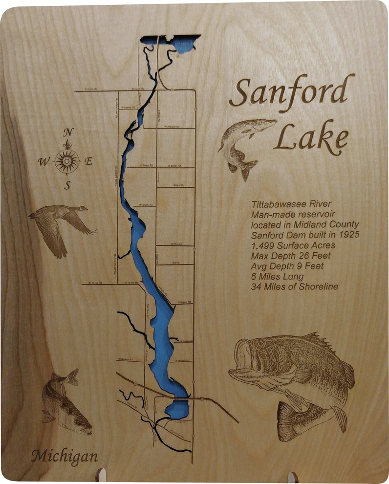 Sanford Lake, MichiganWood Lake Map, Small Contemporary Wall