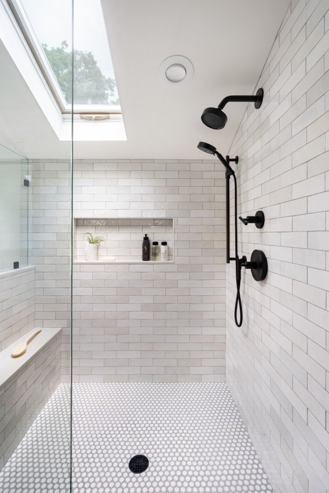 Design ideas for a transitional bathroom in Philadelphia with a hinged shower door and a shower seat.