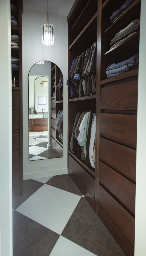 Mid-sized transitional ceramic tile built-in closet photo in Other with flat-panel cabinets and medium tone wood cabinets