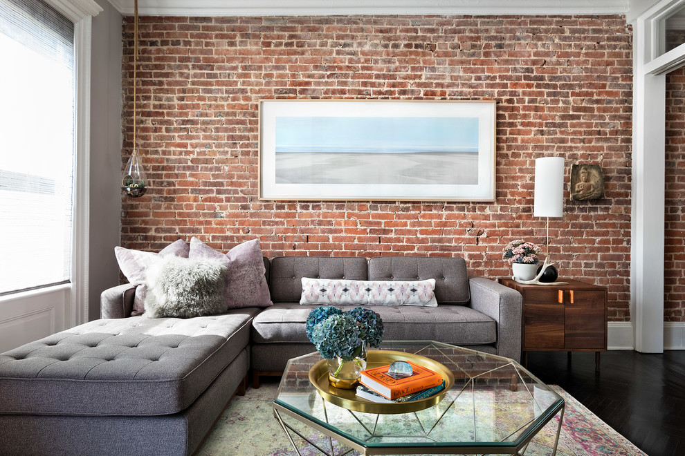 Example of an urban open concept dark wood floor living room design in Other with red walls
