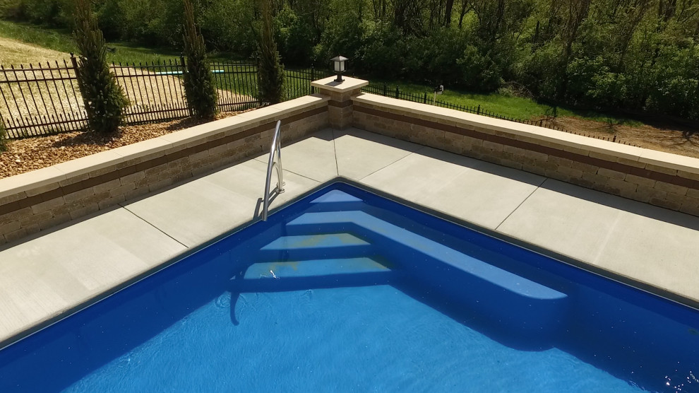 Imagen de piscina natural actual grande rectangular en patio trasero con losas de hormigón