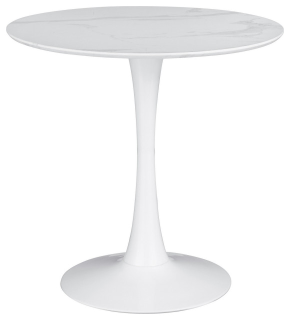 Loxi 30" Round Dining Table, White Fauxmarble Top, Tulip Accent Body