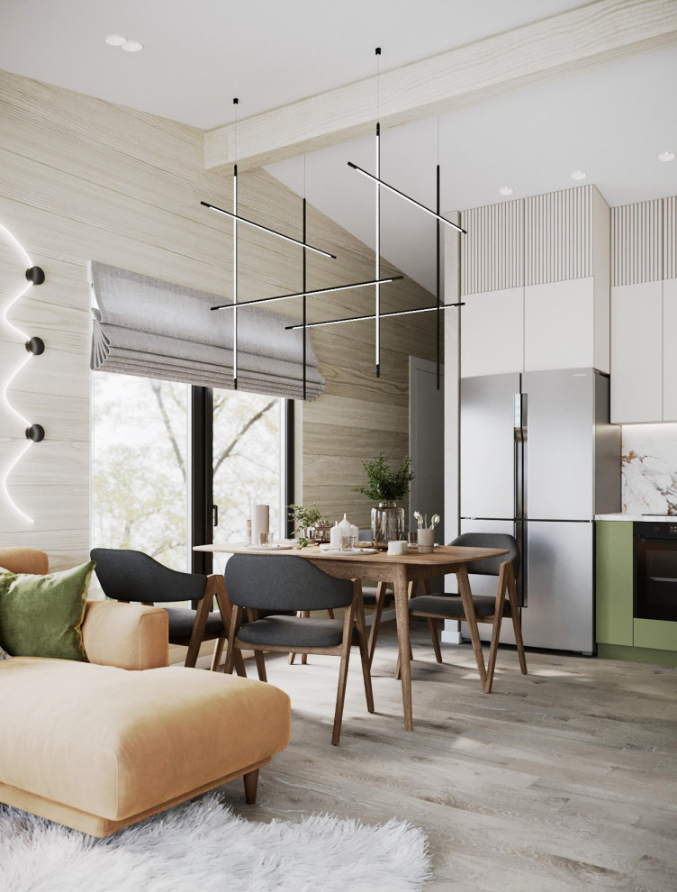 Дизайн кухни-гостиной в доме из бруса