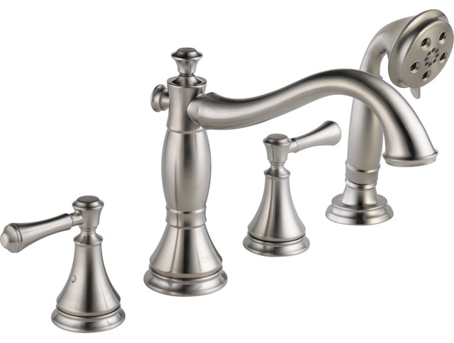 Delta Cassidy Stainless Steel Finish Roman Tub Faucet With Spray