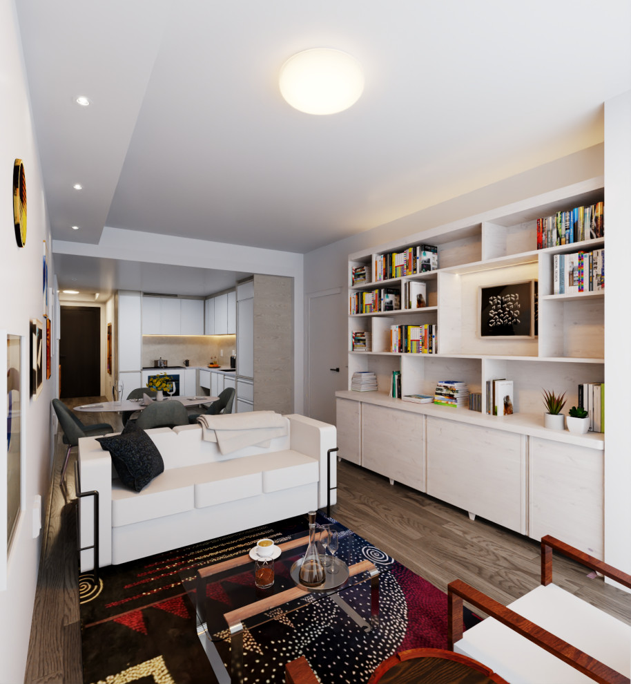 Пример оригинального дизайна: открытая гостиная комната среднего размера в стиле модернизм с с книжными шкафами и полками, белыми стенами, паркетным полом среднего тона и коричневым полом без телевизора