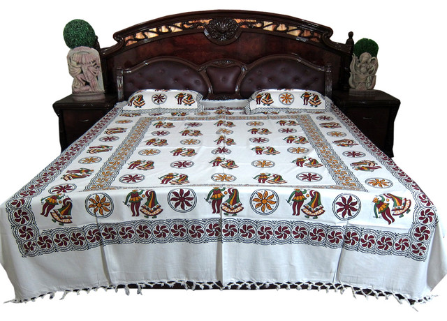 Block Print Cotton Indian Bedcover With Pillows Mediterranean