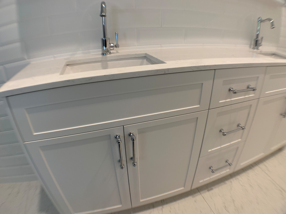 Photo of a small contemporary master bathroom in Brisbane with shaker cabinets, white cabinets, white tile, ceramic tile, engineered quartz benchtops, white benchtops, a double vanity and a built-in vanity.