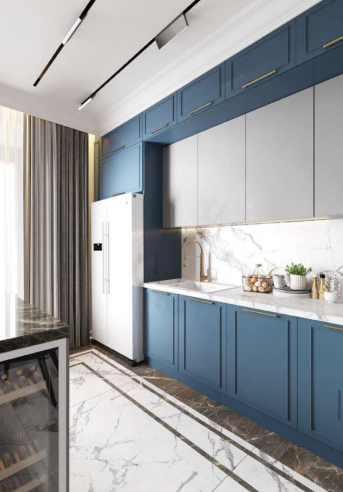 Design ideas for a large contemporary single-wall eat-in kitchen in Moscow with a single-bowl sink, shaker cabinets, blue cabinets, solid surface benchtops, grey splashback, porcelain splashback, panelled appliances, ceramic floors, with island, grey floor, brown benchtop and recessed.