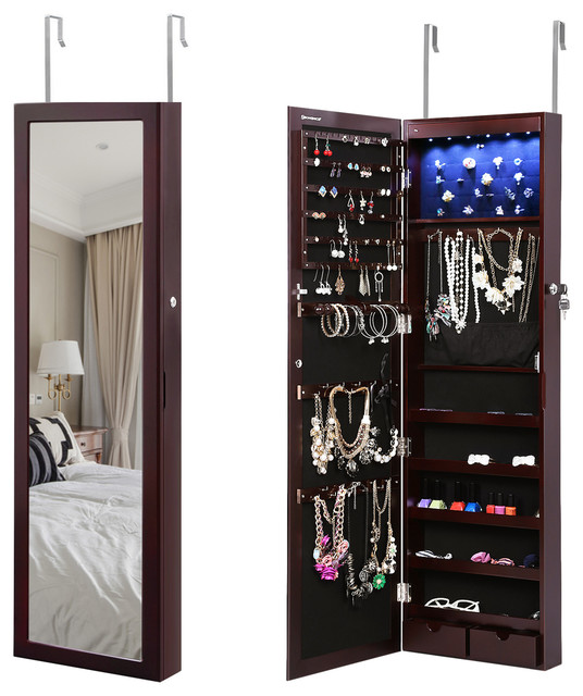 6 Leds Jewelry Cabinet Lockable Wall Door Mounted Jewelry Armoire