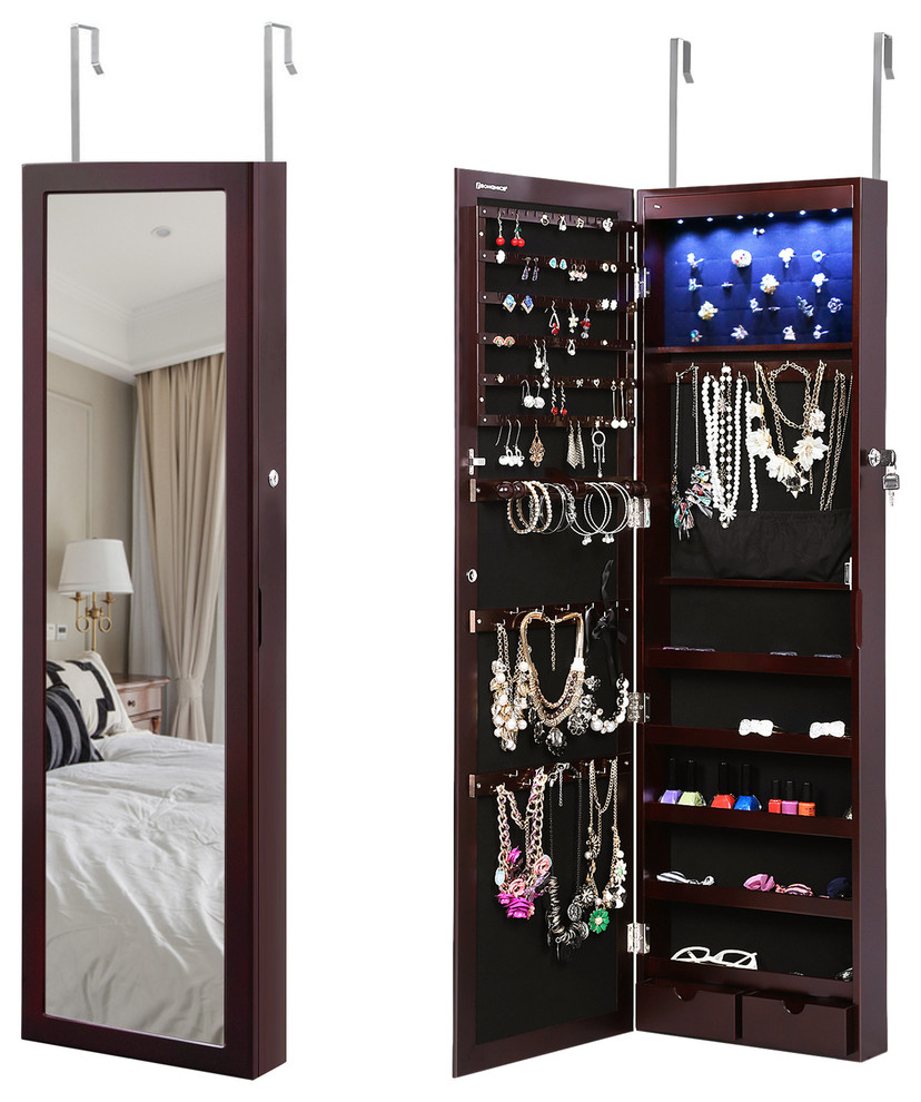 6 Leds Jewelry Cabinet Lockable Wall Door Mounted Jewelry Armoire Organizer Bro