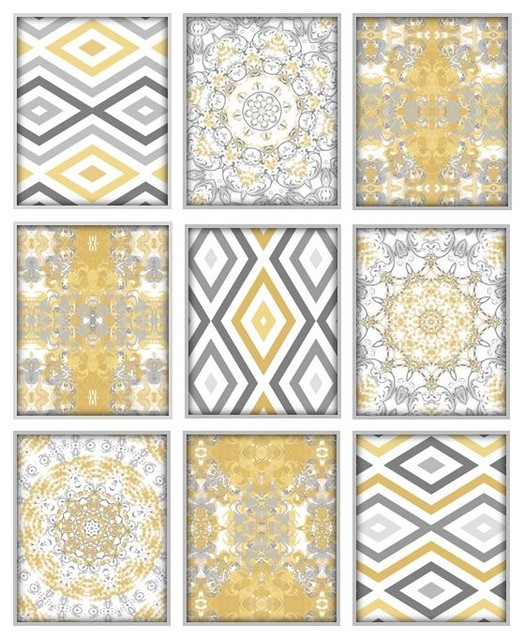 Abstract Art Prints, Mustard Yellow and Gray, Set of 9  Contemporary  Prints And Posters  by 