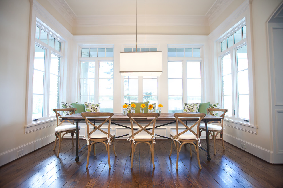 Design ideas for a traditional dining room in Dallas with beige walls and dark hardwood floors.