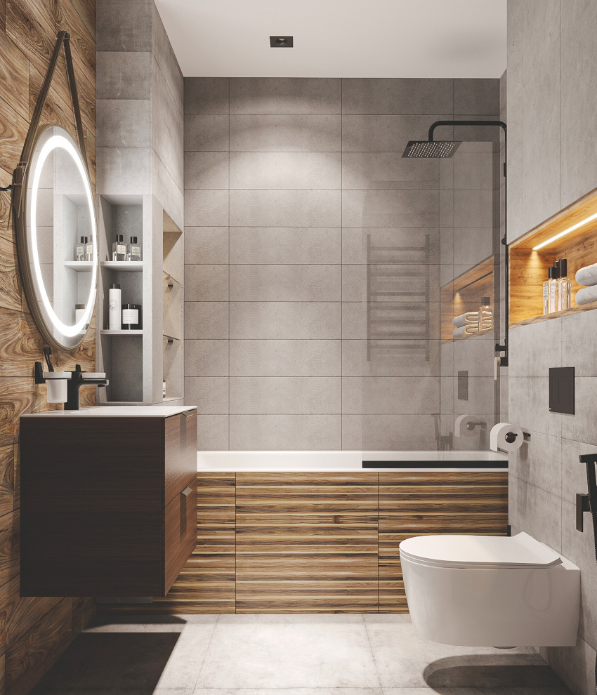 Идея дизайна: ванная комната в белых тонах с отделкой деревом в современном стиле с серой плиткой, керамогранитной плиткой, столешницей из искусственного камня, белой столешницей и тумбой под одну раковину