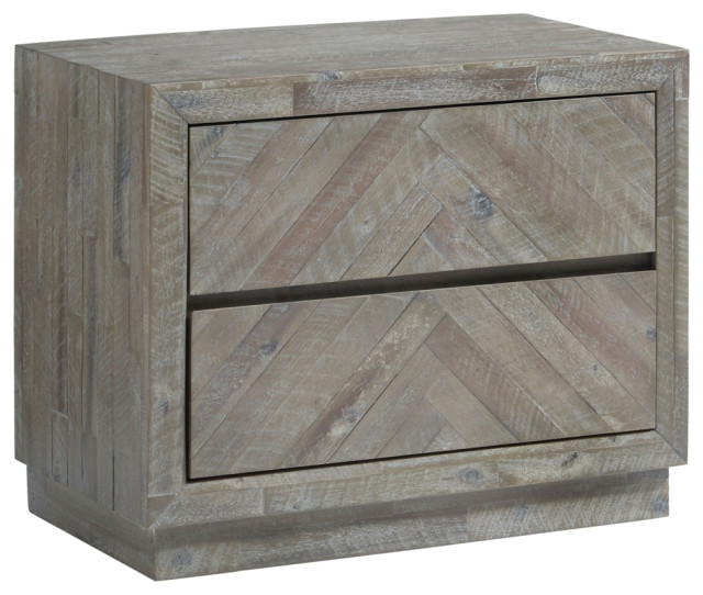 2 Drawer Wooden Nightstand With Herringbone Pattern Weathered Brown