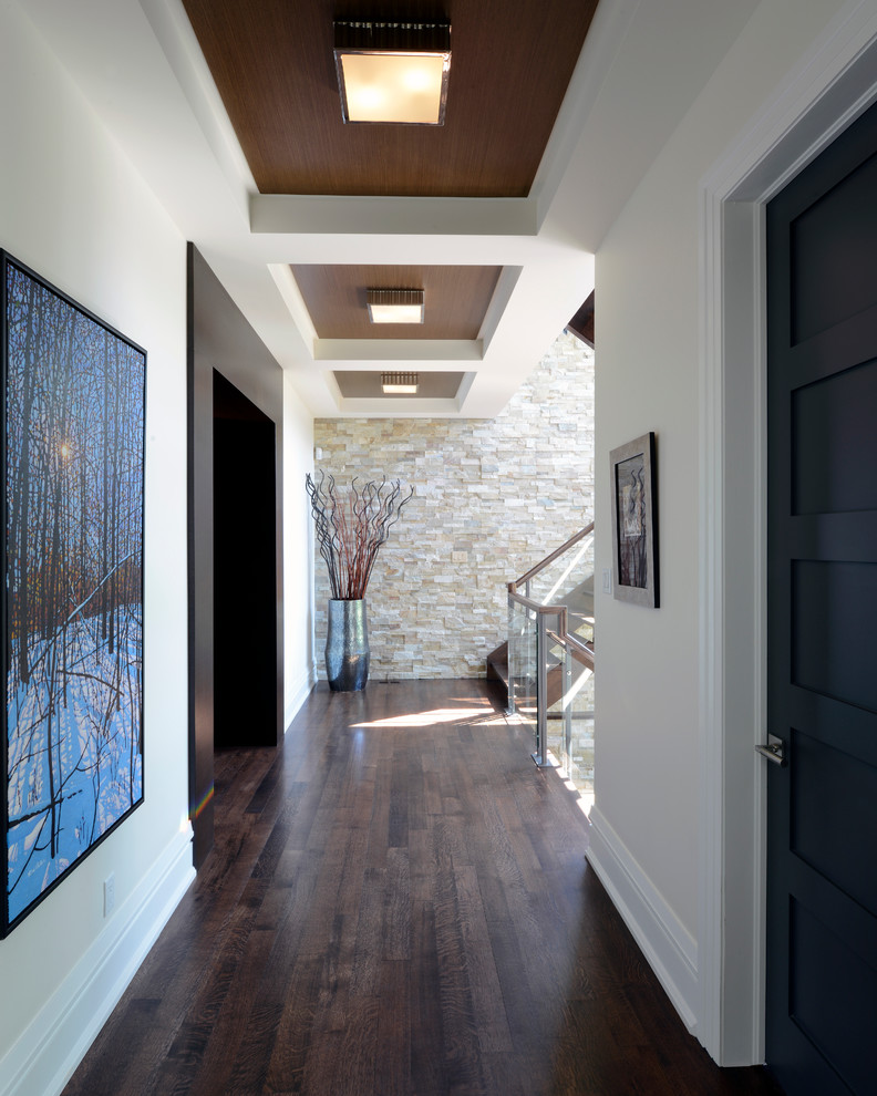 Example of a mid-sized transitional dark wood floor hallway design in Toronto with white walls