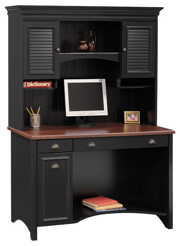 Antique Black & Cherry Stained Desk w Shutter Cabinet Hutch