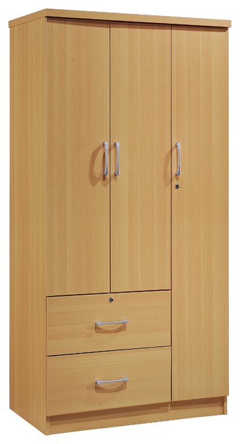 3-Door 36" Wide Armoire With 2-Drawers, Clothing Rod and 3-Shelves, Beech
