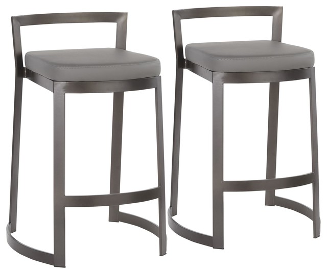 Fuji DLX Industrial Counter Stool, Gray Faux Leather Cushion, Set of 2