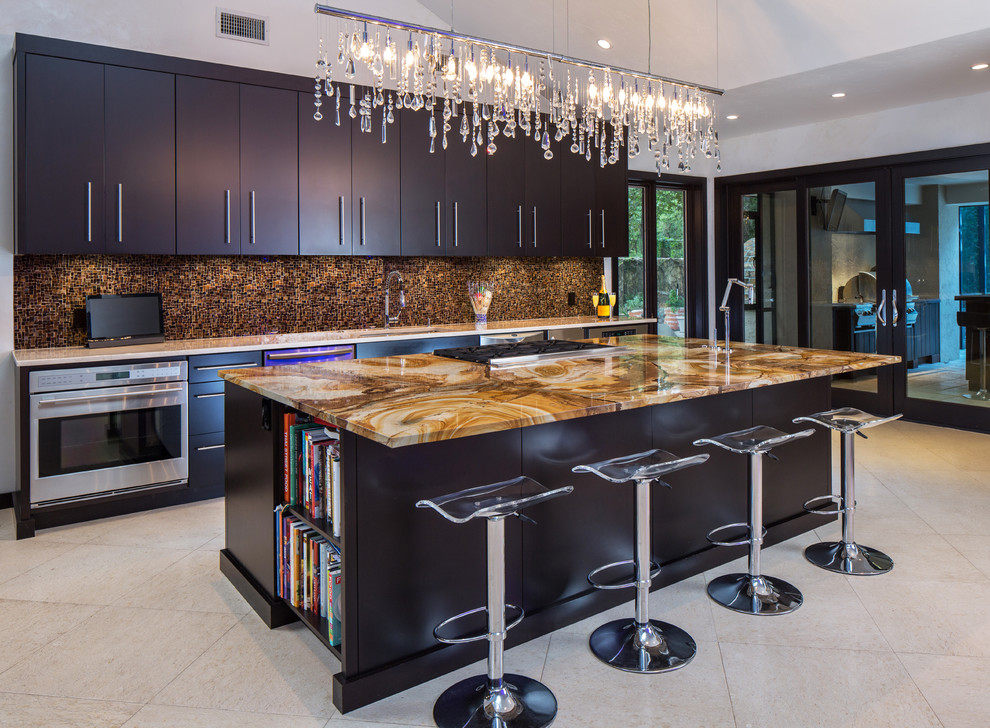 Design ideas for a contemporary kitchen in Orlando with an undermount sink, flat-panel cabinets, black cabinets, marble benchtops, multi-coloured splashback, mosaic tile splashback and stainless steel appliances.
