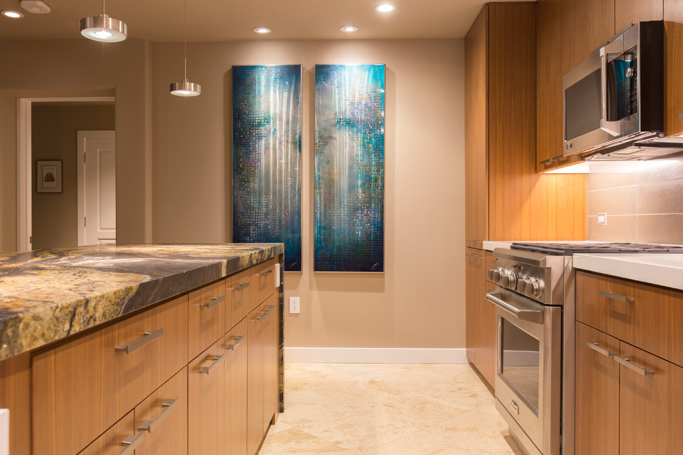 Mid-sized transitional l-shaped travertine floor and beige floor enclosed kitchen photo in Phoenix with an undermount sink, flat-panel cabinets, medium tone wood cabinets, onyx countertops, beige backsplash, porcelain backsplash, stainless steel appliances and an island