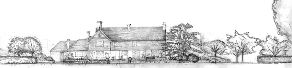 Elevation sketch showing landscaping at front of house