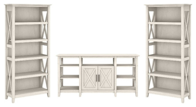 Key West Tall TV Stand with Set of 2 Bookcases in Linen White - Engineered Wood