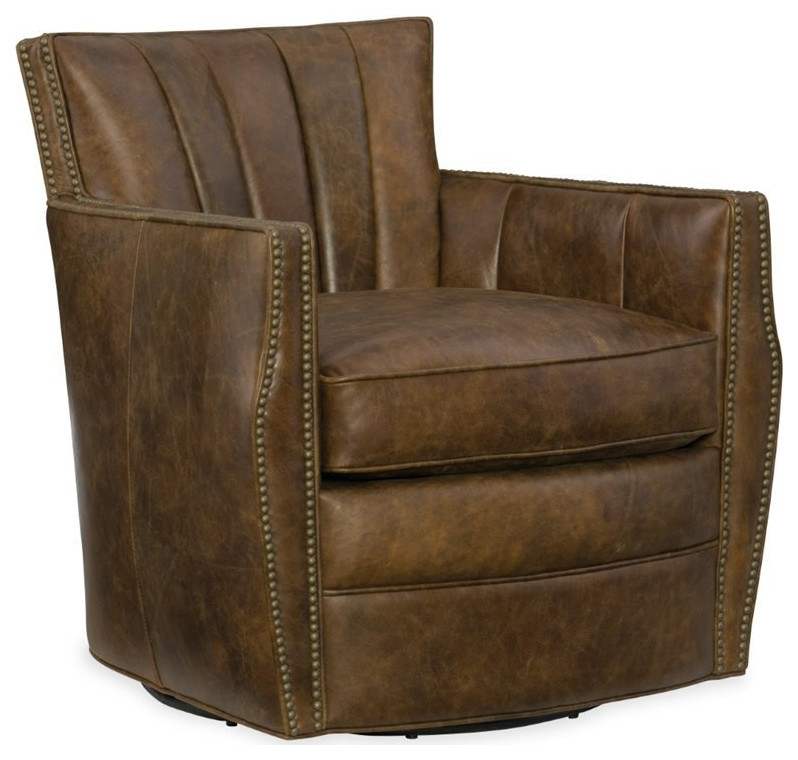 Hooker Furniture Carson Leather Swivel Club Chair in Tobacco Brown