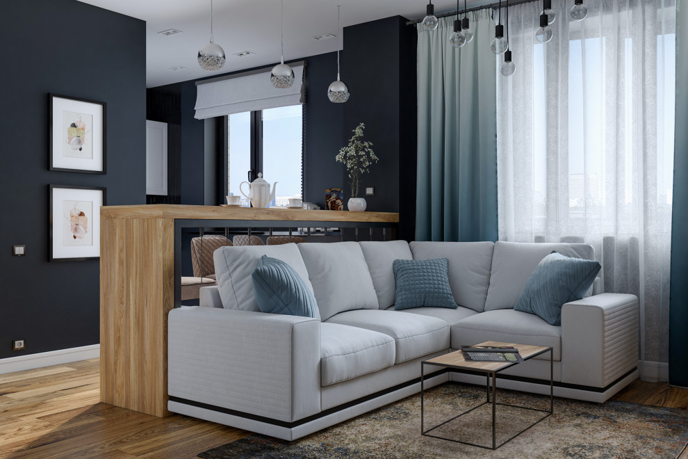 Гостиная с обеденной зоной и барной стойкой