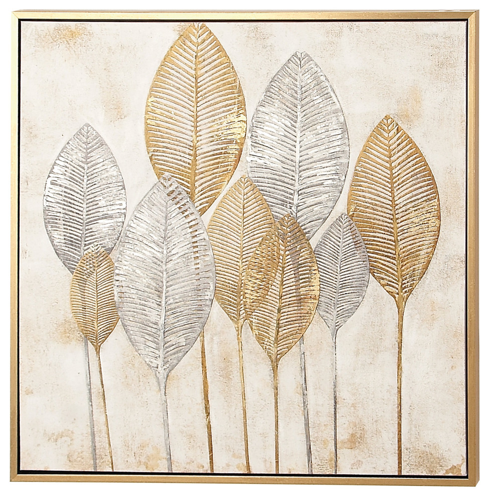 Gold and Silver Painted Leaf Canvas Wall Art, 40"x40" Contemporary