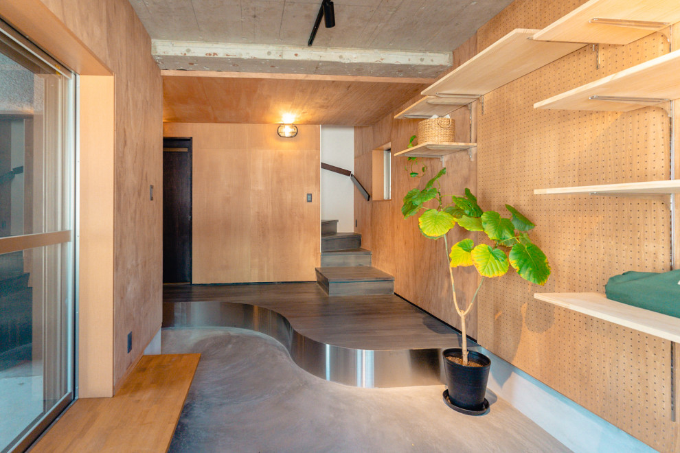 Design ideas for a rustic entrance in Osaka with beige walls, concrete flooring, grey floors, a wood ceiling and wood walls.