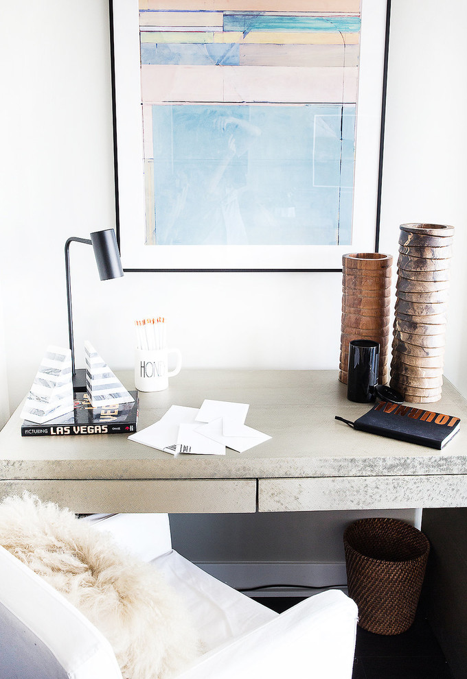 Penthouse Decor in Bethesda - Mid-sized trendy freestanding desk dark wood floor and black floor study room photo in DC Metro with gray walls and no fireplace