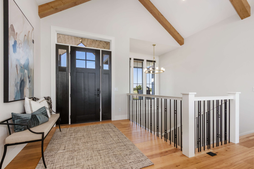 Front door - mid-sized transitional medium tone wood floor, brown floor and vaulted ceiling front door idea with white walls and a black front door