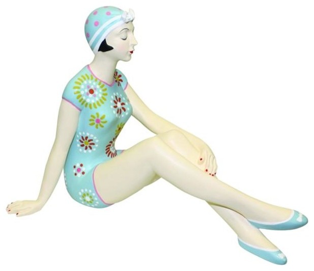Retro Bathing Beauty Figurine Statue S Swimsuit Woman Aqua Blue Sunburst Beach Style