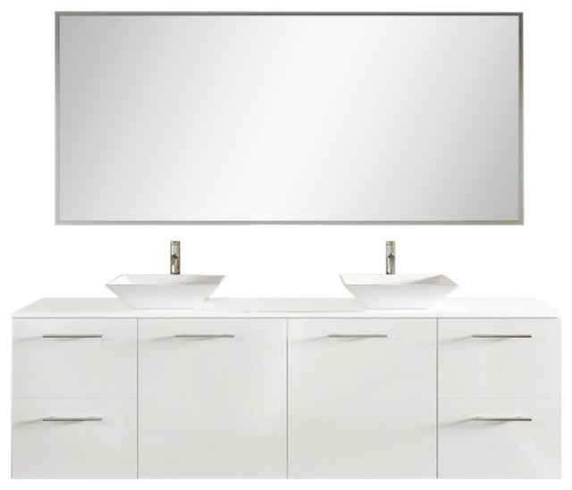 Eviva Luxy 72" Double Vessel Sink Vanity With Glass Top, White Modern