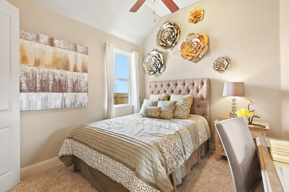 Design ideas for a mid-sized contemporary guest bedroom in Dallas with beige walls, carpet and beige floor.